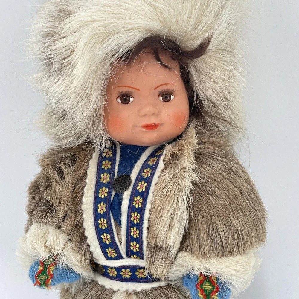 Vintage Inuit Eskimo Doll Faux Fur Parka Moccasins Blue Embroidered Trim 12 Inch